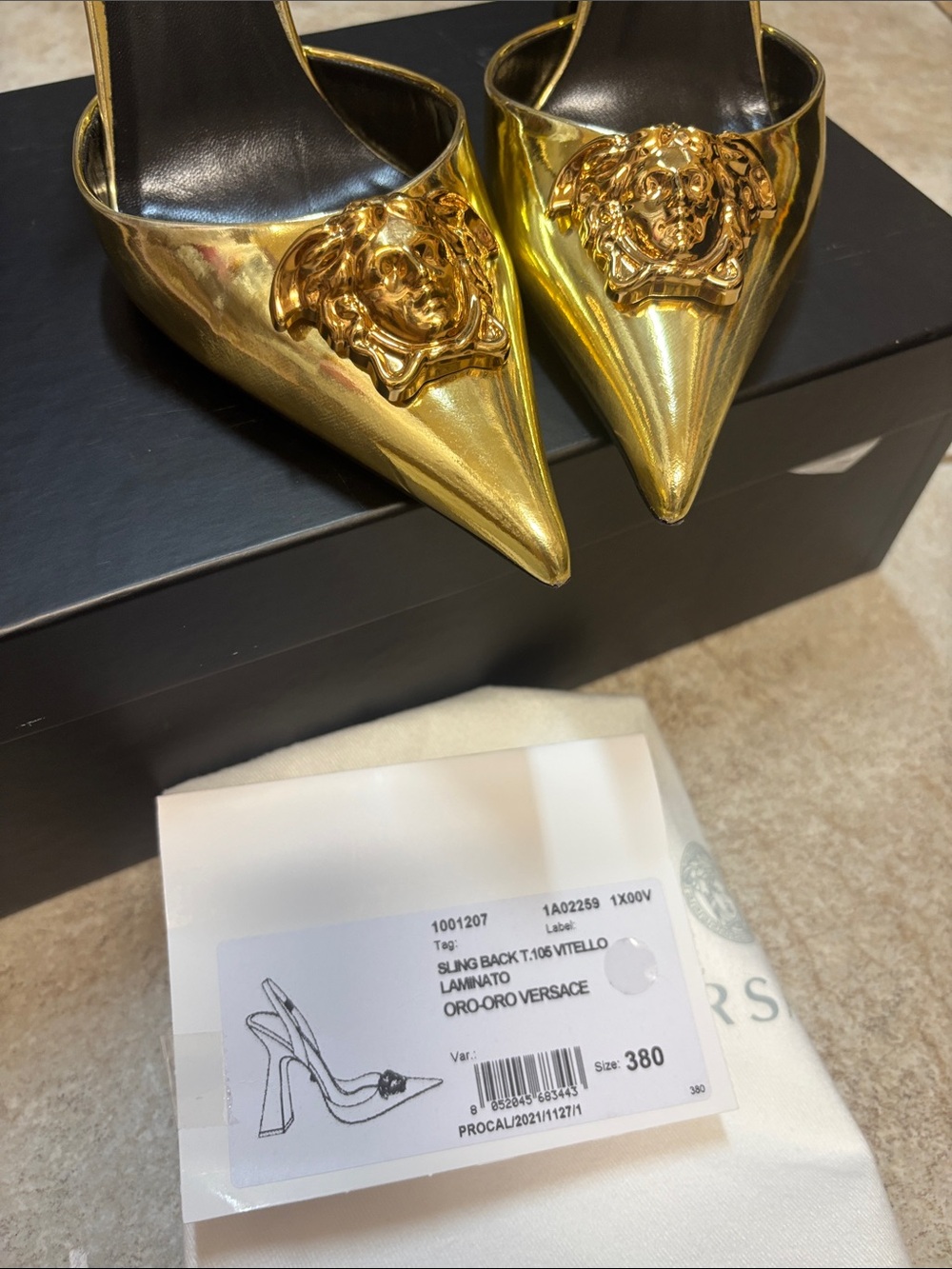 Versace Metallic Gold Medusa Pointed Slingback Heels - Picture 3 of 5